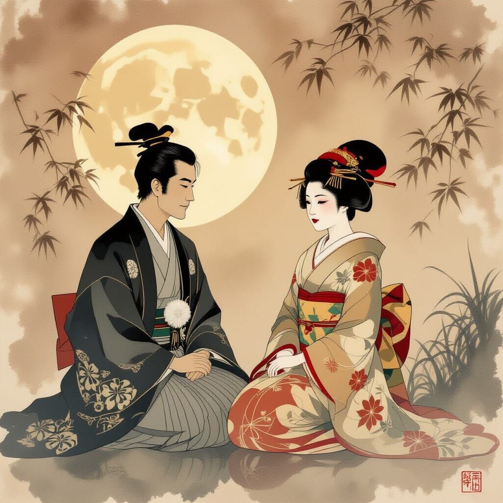 Moonlit Japanese Scene in Sepia Watercolor