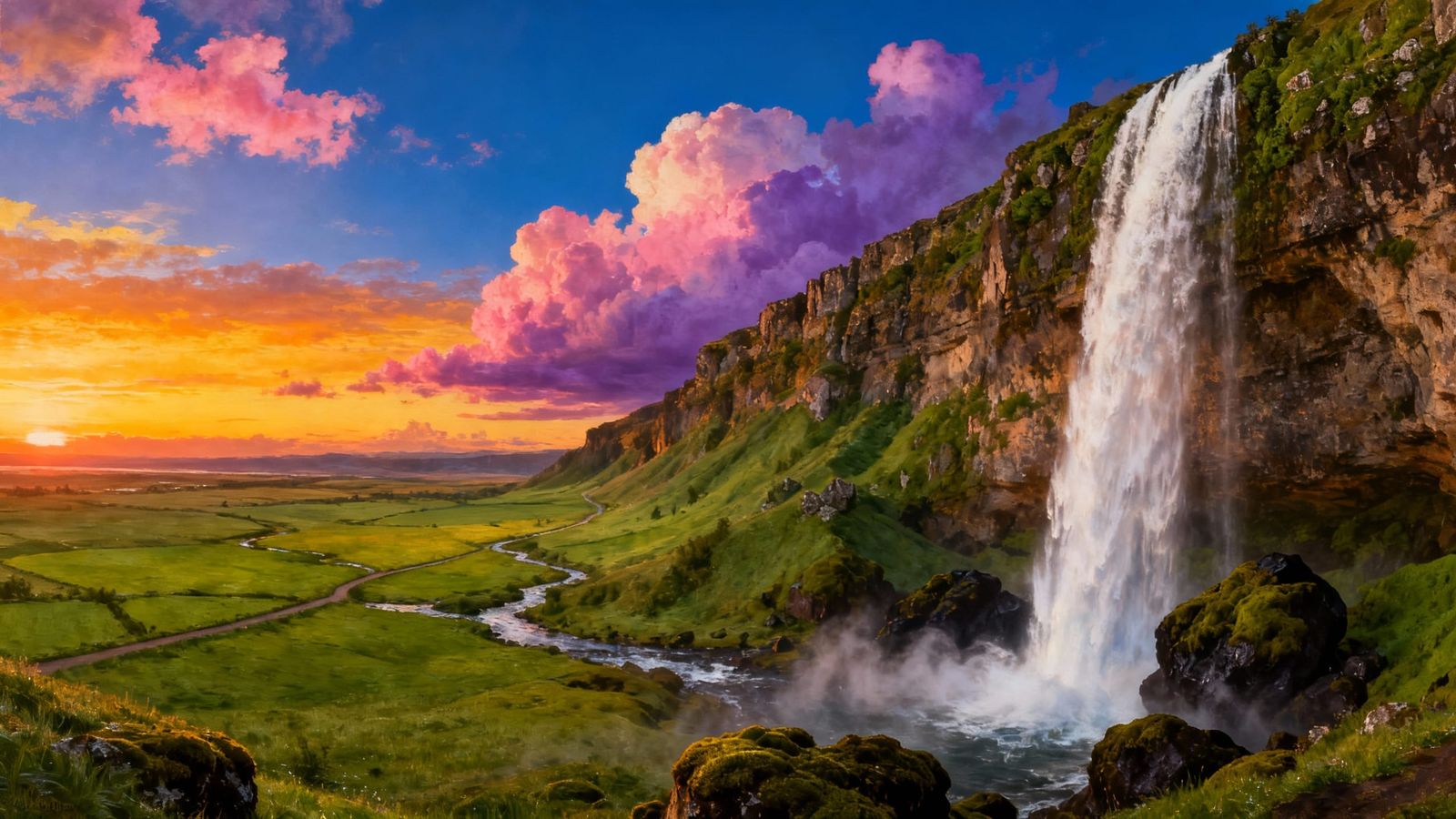 Majestic Waterfall at Sunset in Hyperrealistic Style