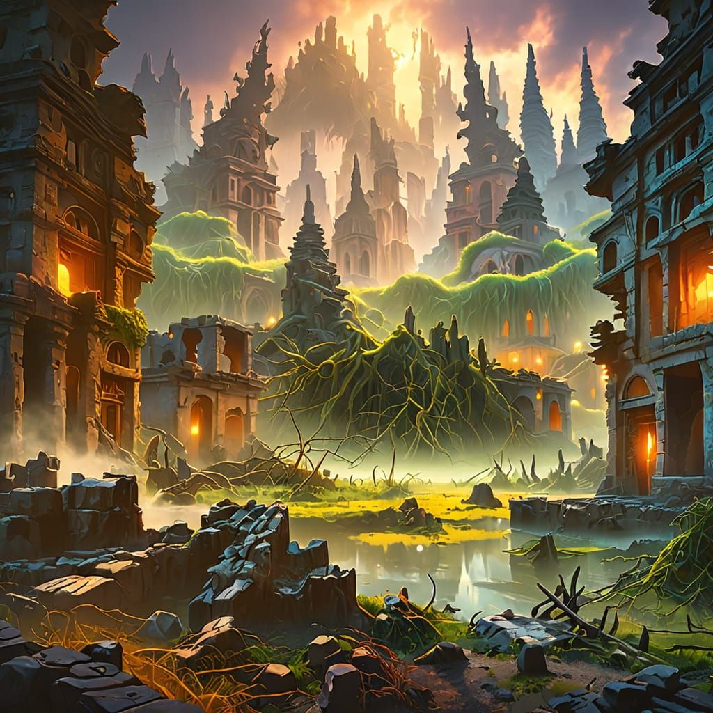 A marsh in the ruins of a city