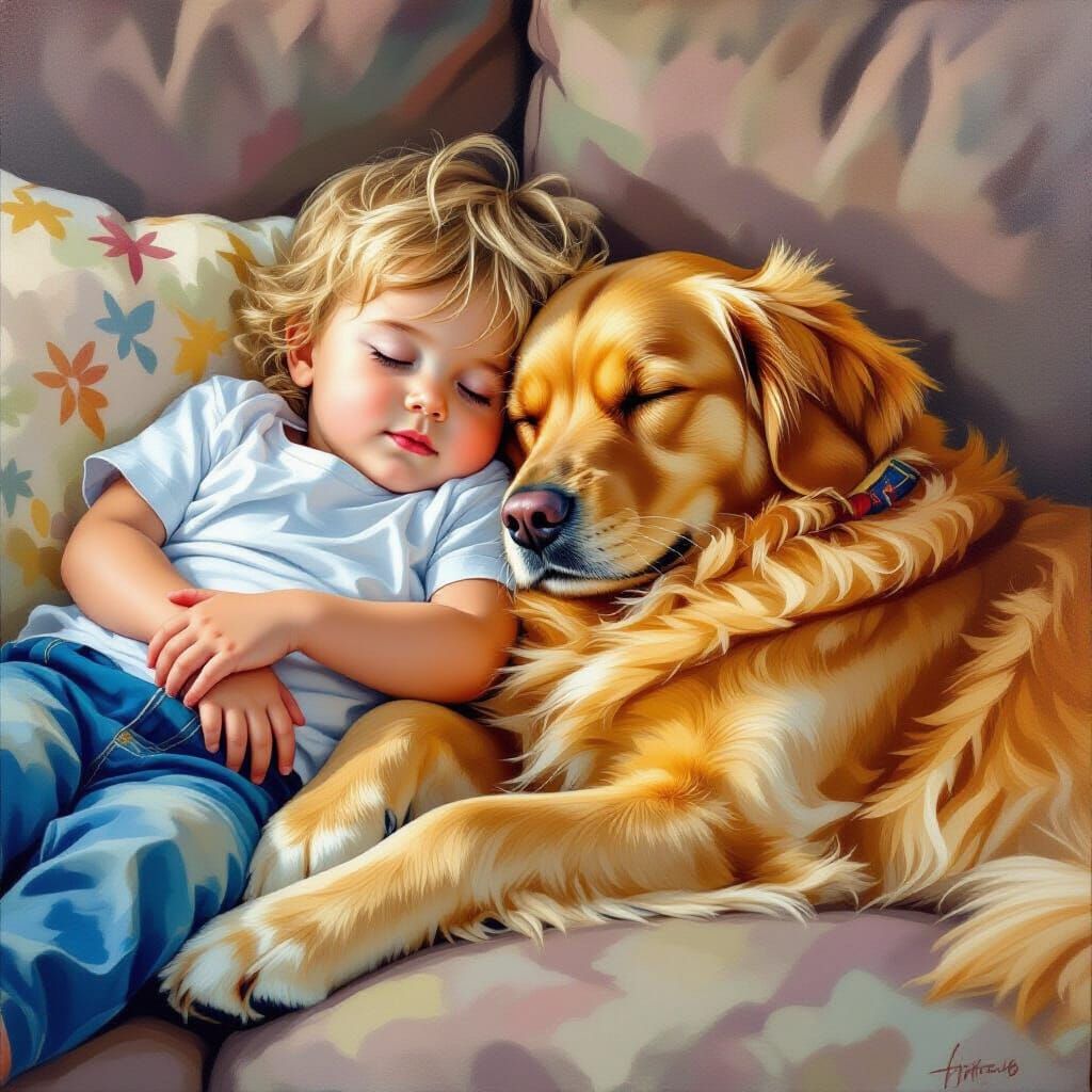 Sentimental Oil Painting of Toddler and Golden Retriever Asl...