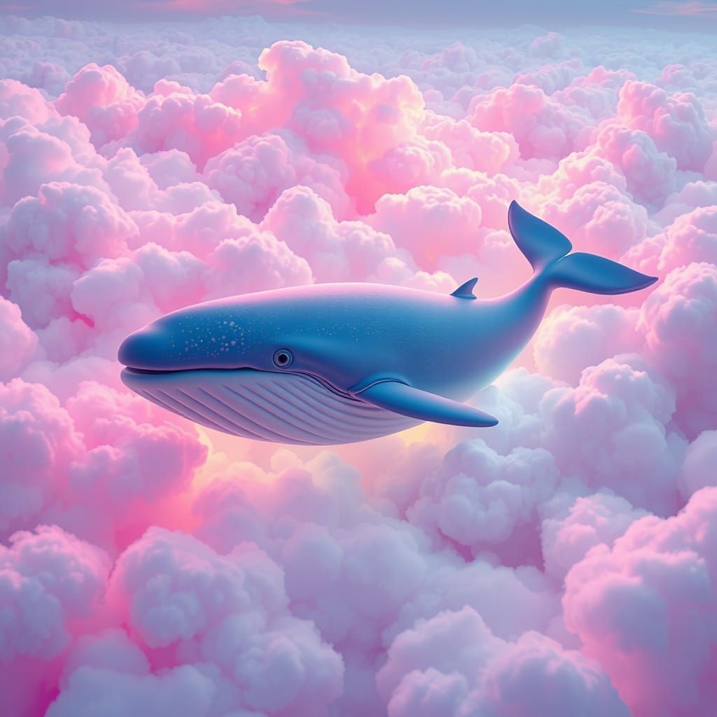 Whale in Cotton Candy Clouds, Surrealist Art