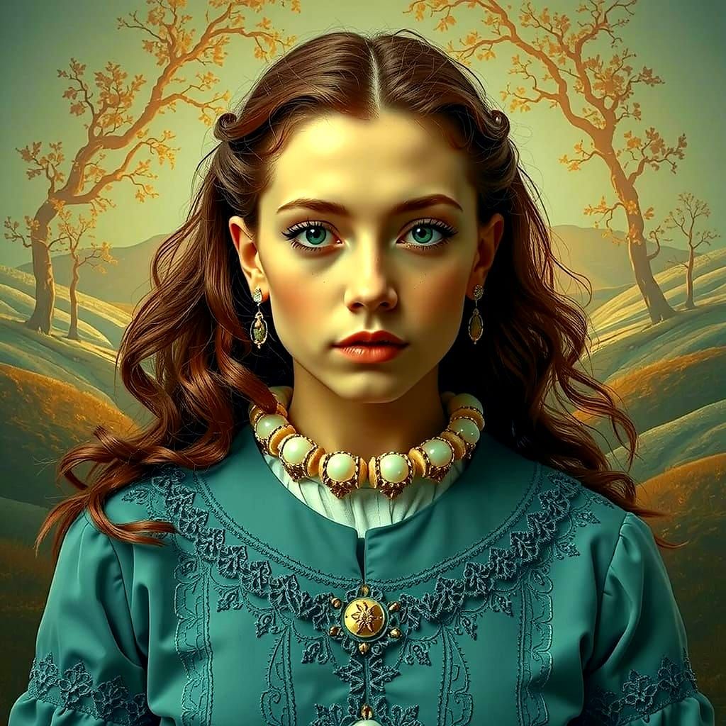 Ornate Figure in French Countryside with Golden Light