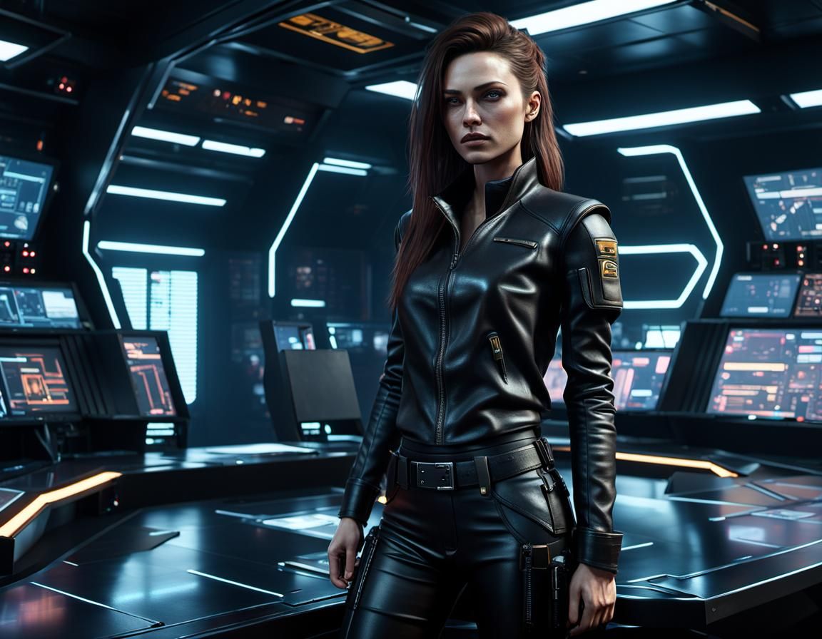 Young girl, tall, slim, brown hair with long thick, daring, thin sharp features, short black soft top, black leather pan...