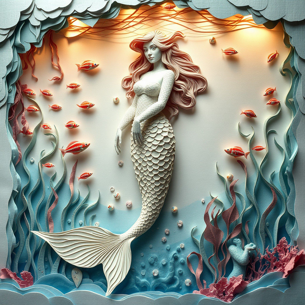 Paper Mermaid in Underwater Scene, Hyperrealistic Sculpture