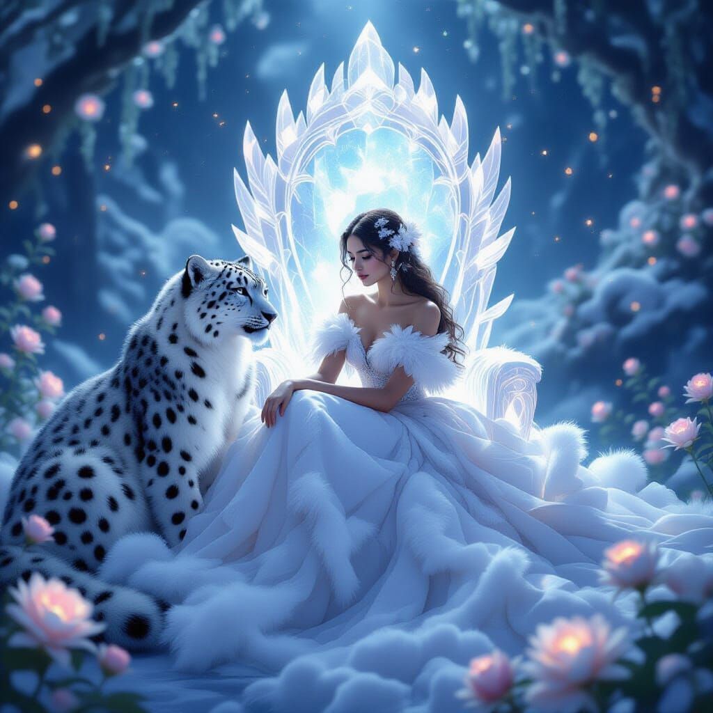 Ethereal Girl on Crystal Throne with Snow Leopard