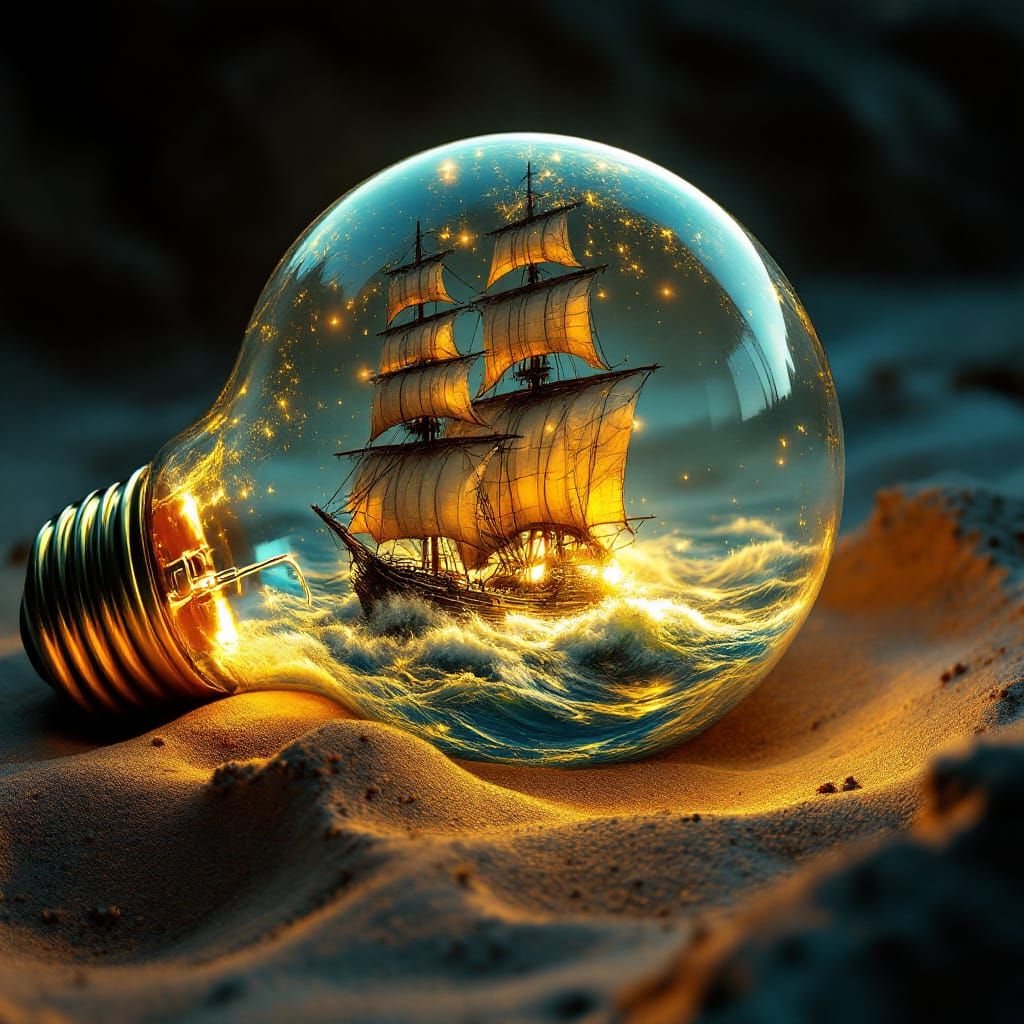 Ship Sailing Inside Giant Light Bulb on Beach