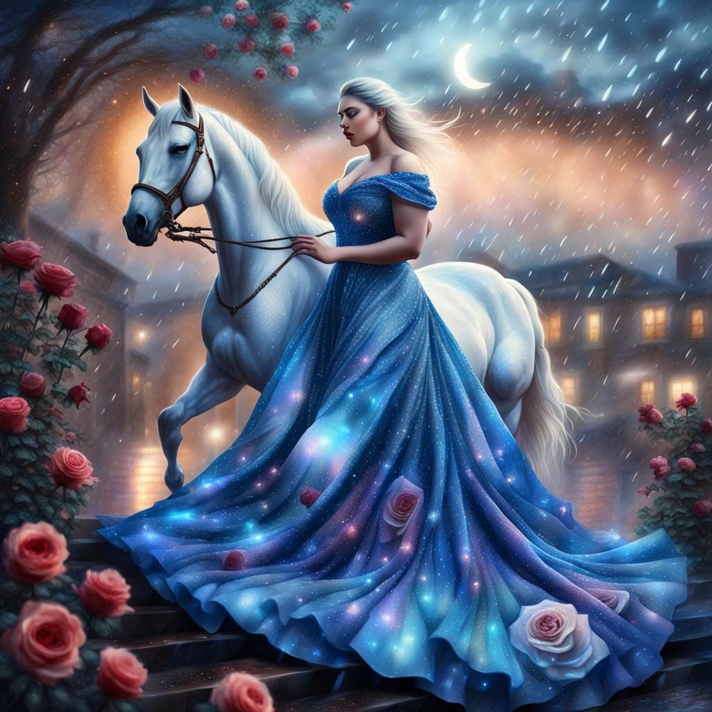 Ethereal Woman with White Horse in Astral Landscape
