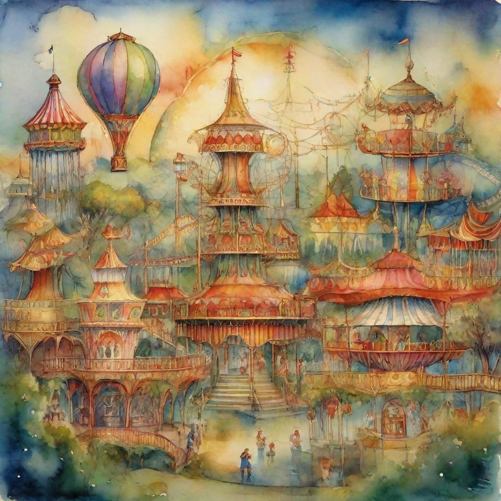 Whimsical Amusement Park in Watercolor Illustration