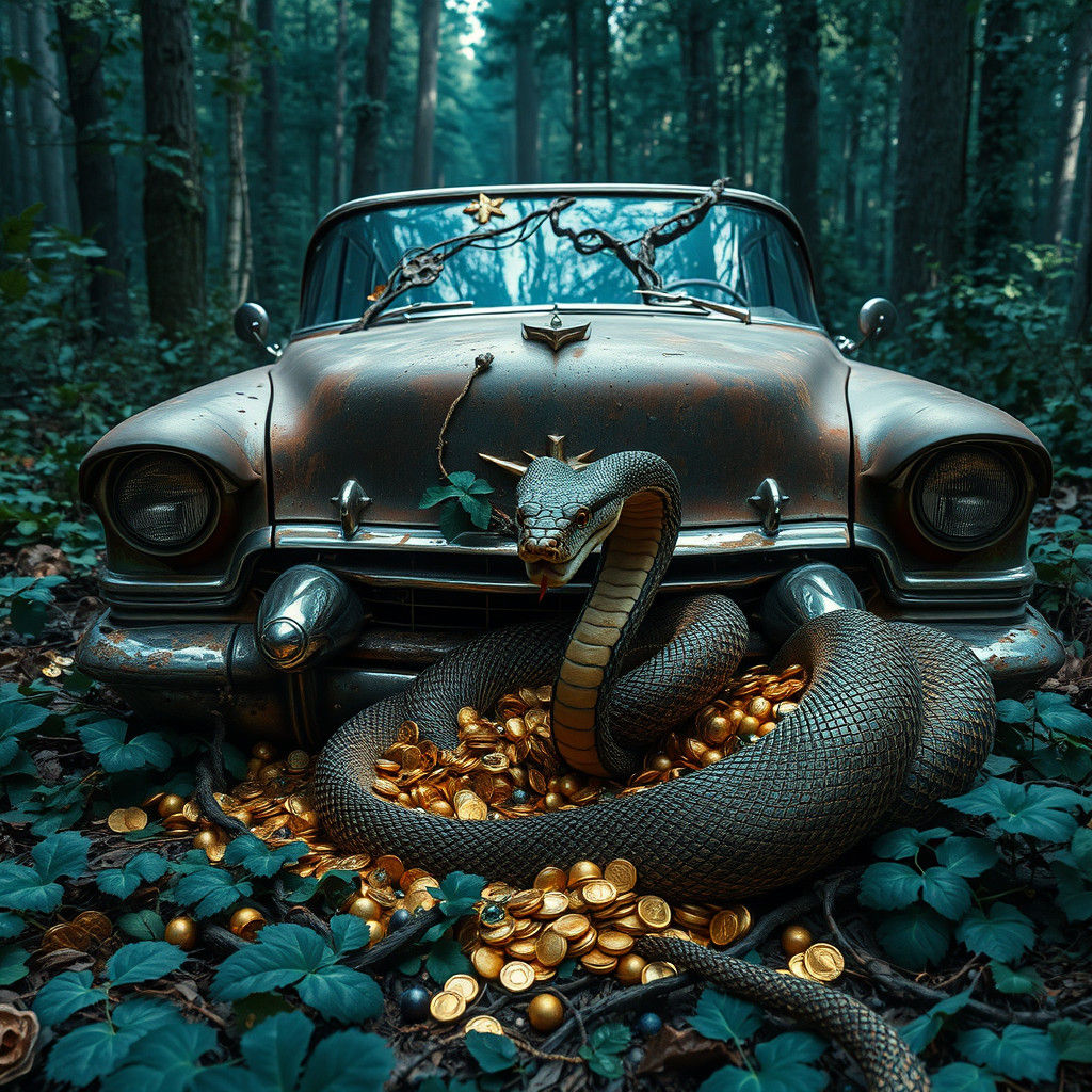 Decaying Cadillac Reclaimed by Nature with Gold Treasure