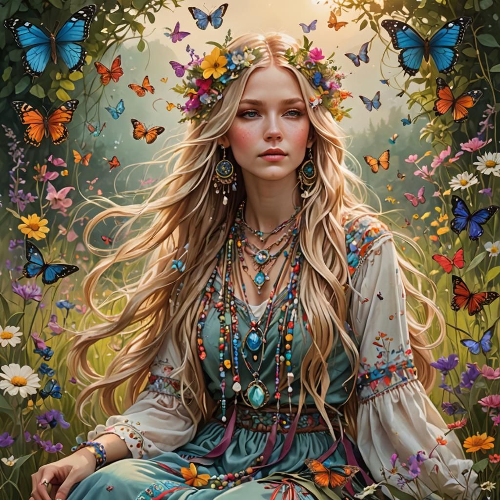Ethereal Woman in Blooming Meadow with Butterflies