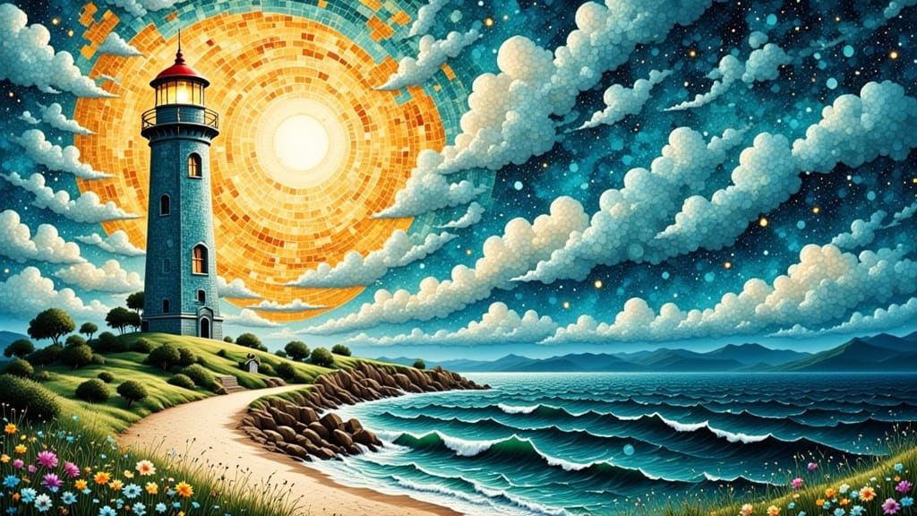 Luminous Lighthouse in Vibrant Mosaic Style