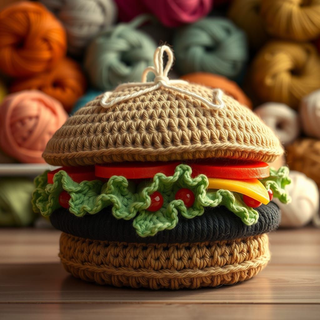 Realistic Crochet Yarn Hamburger in 3D Rendering