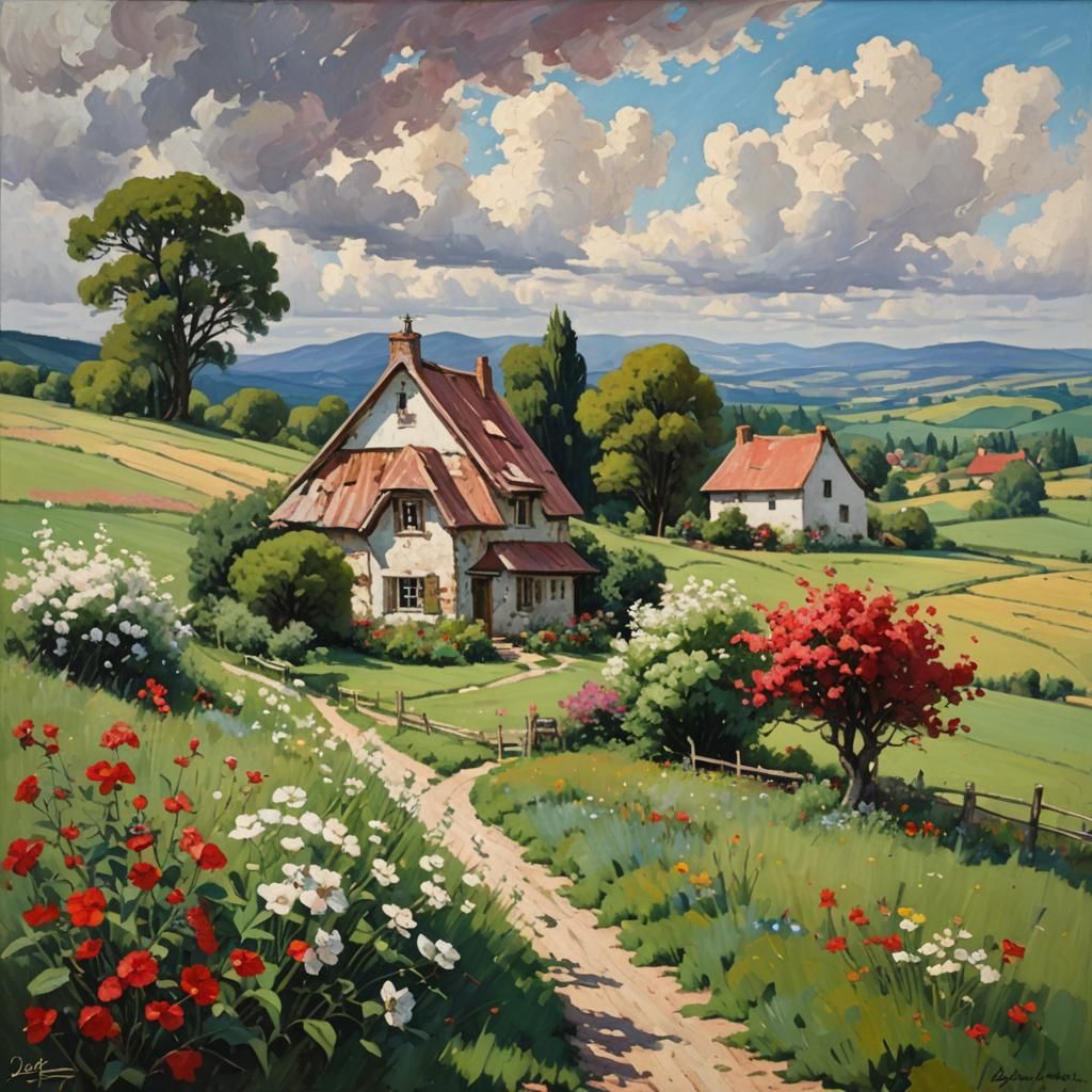 Idyllic Countryside Cottage in Oil Painting Style