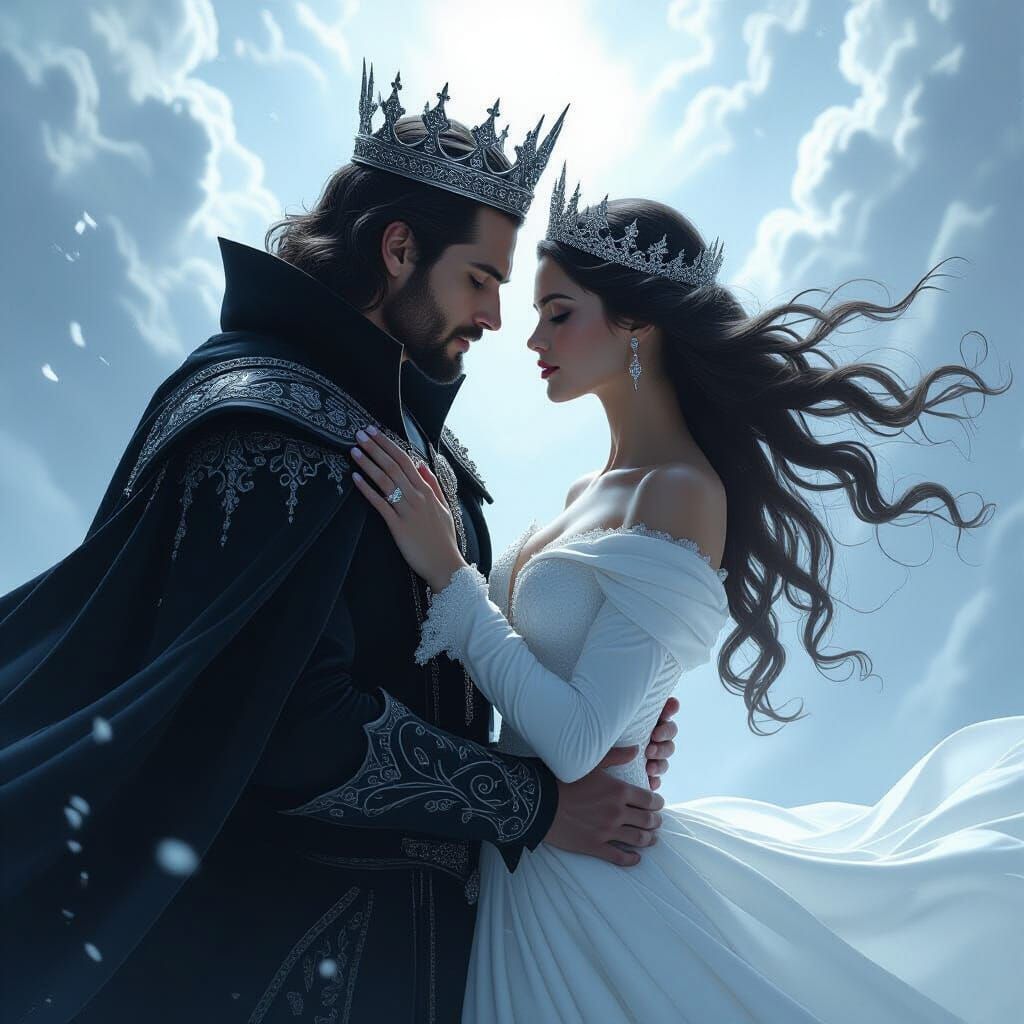 Dark King and Radiant Queen in Dramatic Embrace