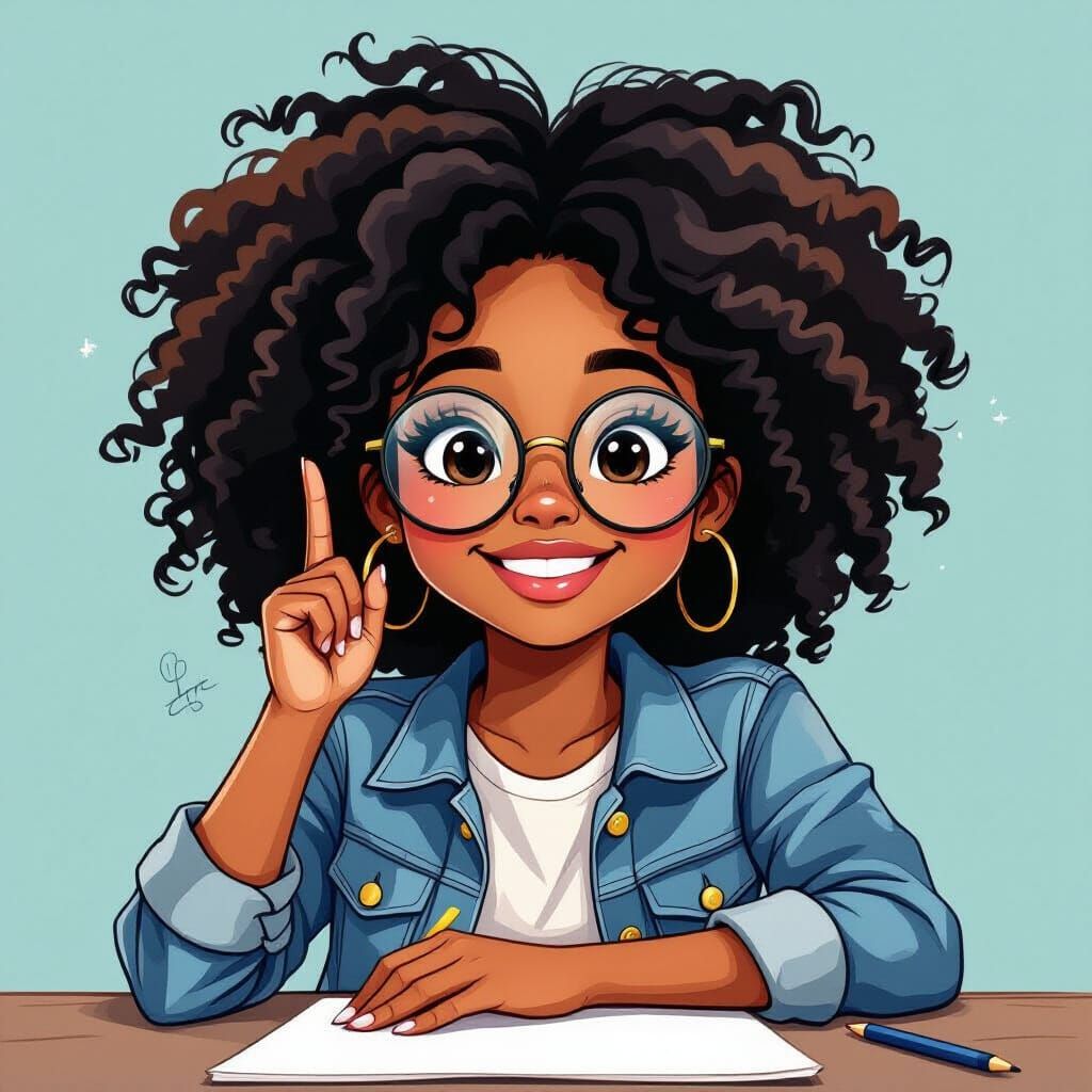 Smiling Woman with Large Eyes and Curly Hair in Expressive S...