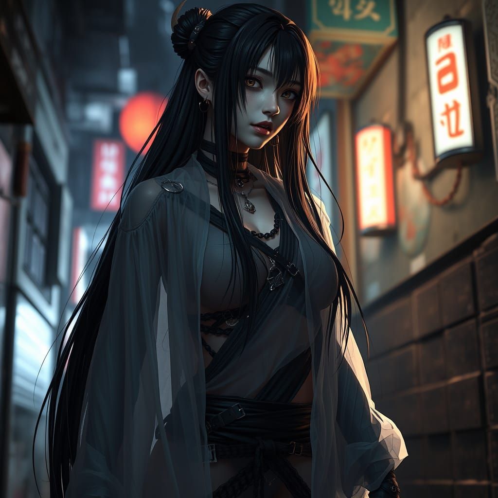 Cyborg Monk in Damp Alley, Detailed 3D Anime Art