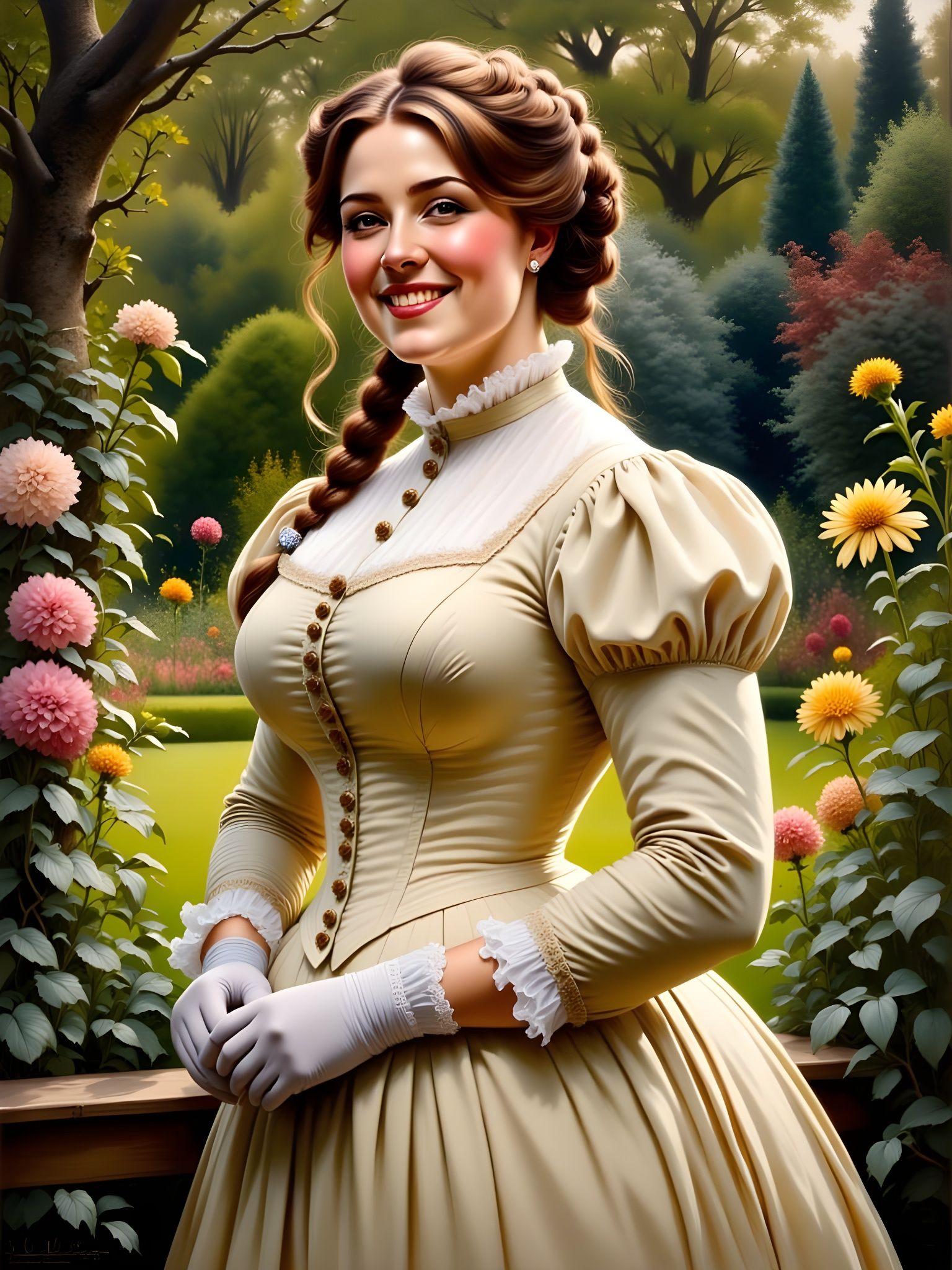 Elegant Victorian Woman in a Cozy Garden Oil Painting