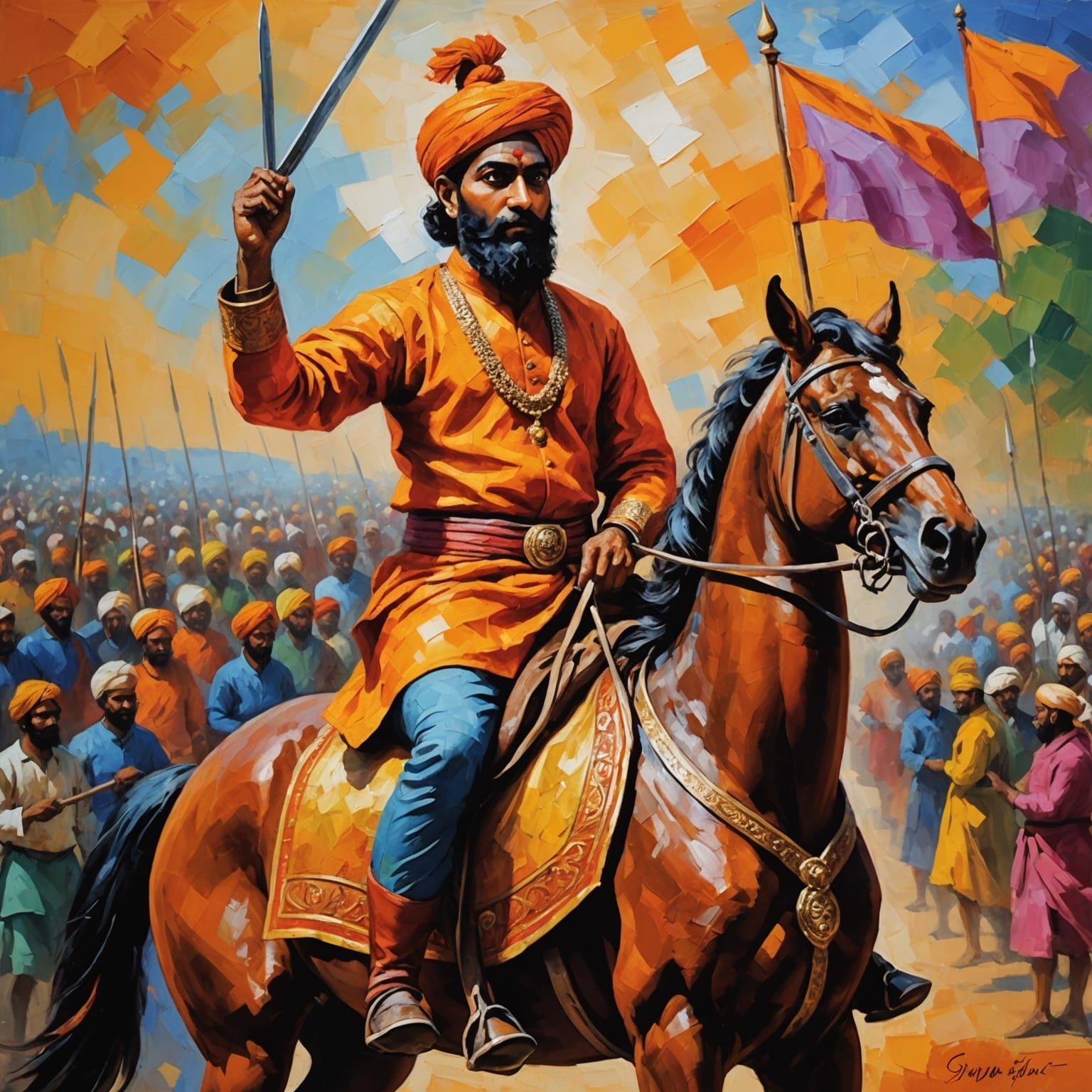 Maratha Warriors on Horseback: Expressionist Oil Painting