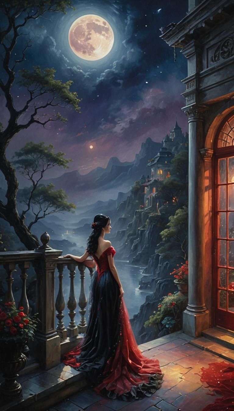 Girl on Balcony Gazing at Bloody Moon, Ethereal Oil Painting
