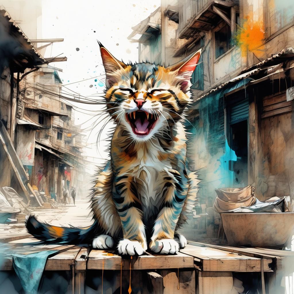 Fantasy Watercolor: Yawning Kitten in Slums