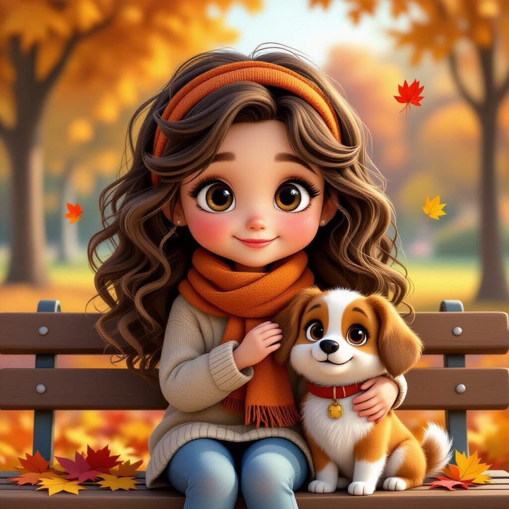 Adorable Girl and Dog in Autumn Park 3D Illustration