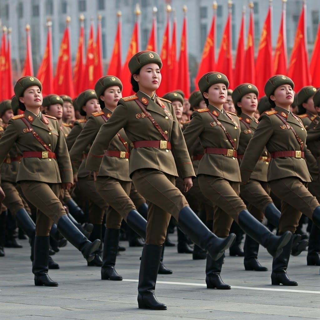 Women in Uniform Goosestep in Pyongyang Parade