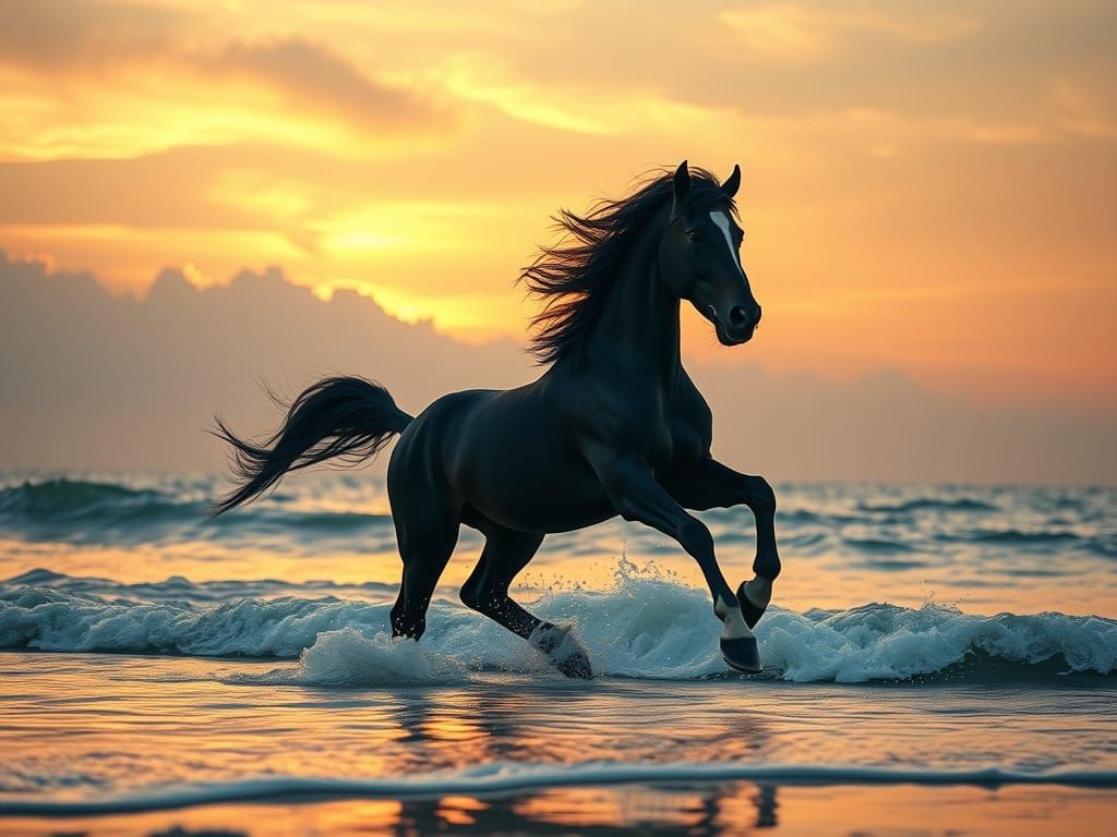 Elegant Black Stallion Gallops Along Seashore at Sunset