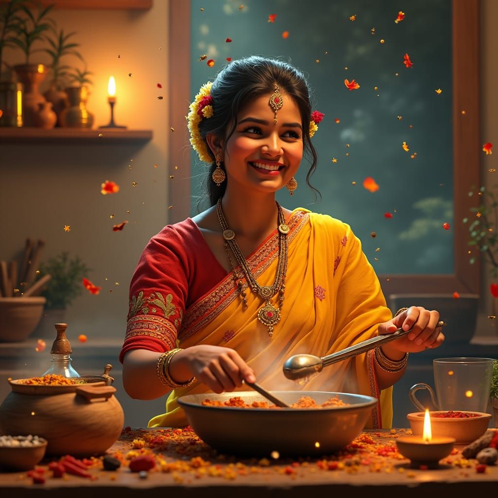 Joyful Indian Mother Cooking: Fantasy Concept Art