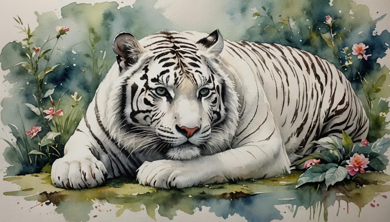 White Tiger in Romantic Watercolor Style