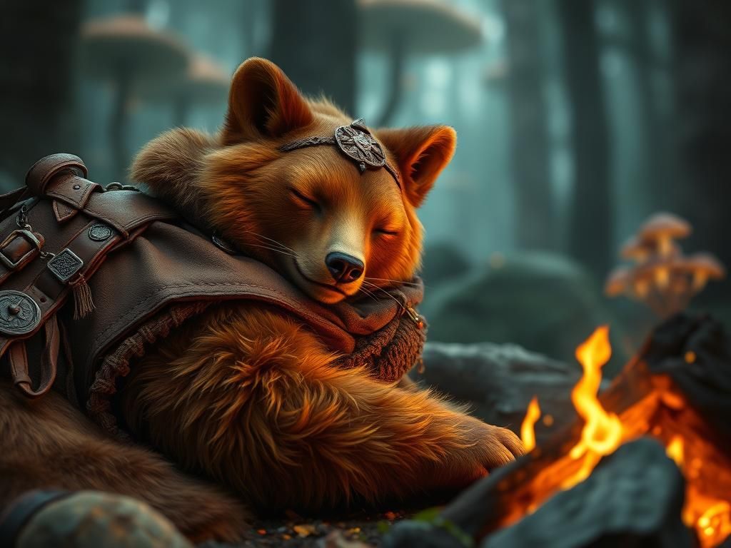 Urrssa, bearkin adventurer, taking a nap by the fire