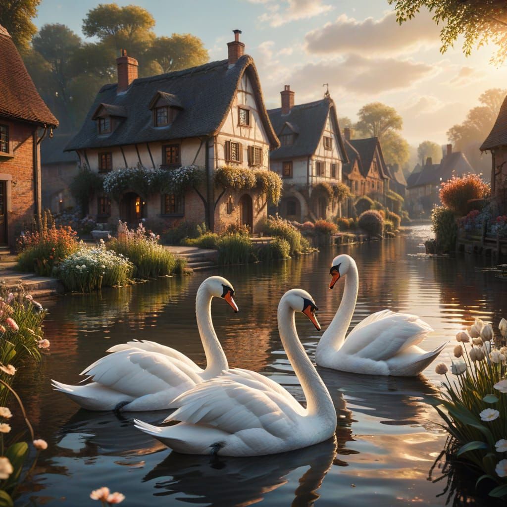 Springtime at a small lake with a pair of beautiful white sw...