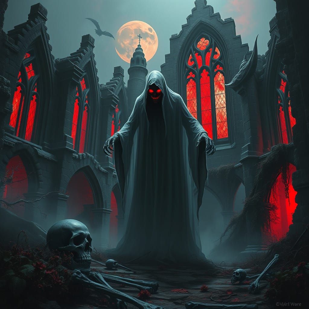 Gothic Specter Haunts Ancient Castle Ruins