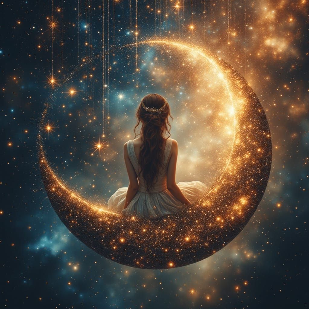 Woman on Moon with Stardust in Cosmic Nebula