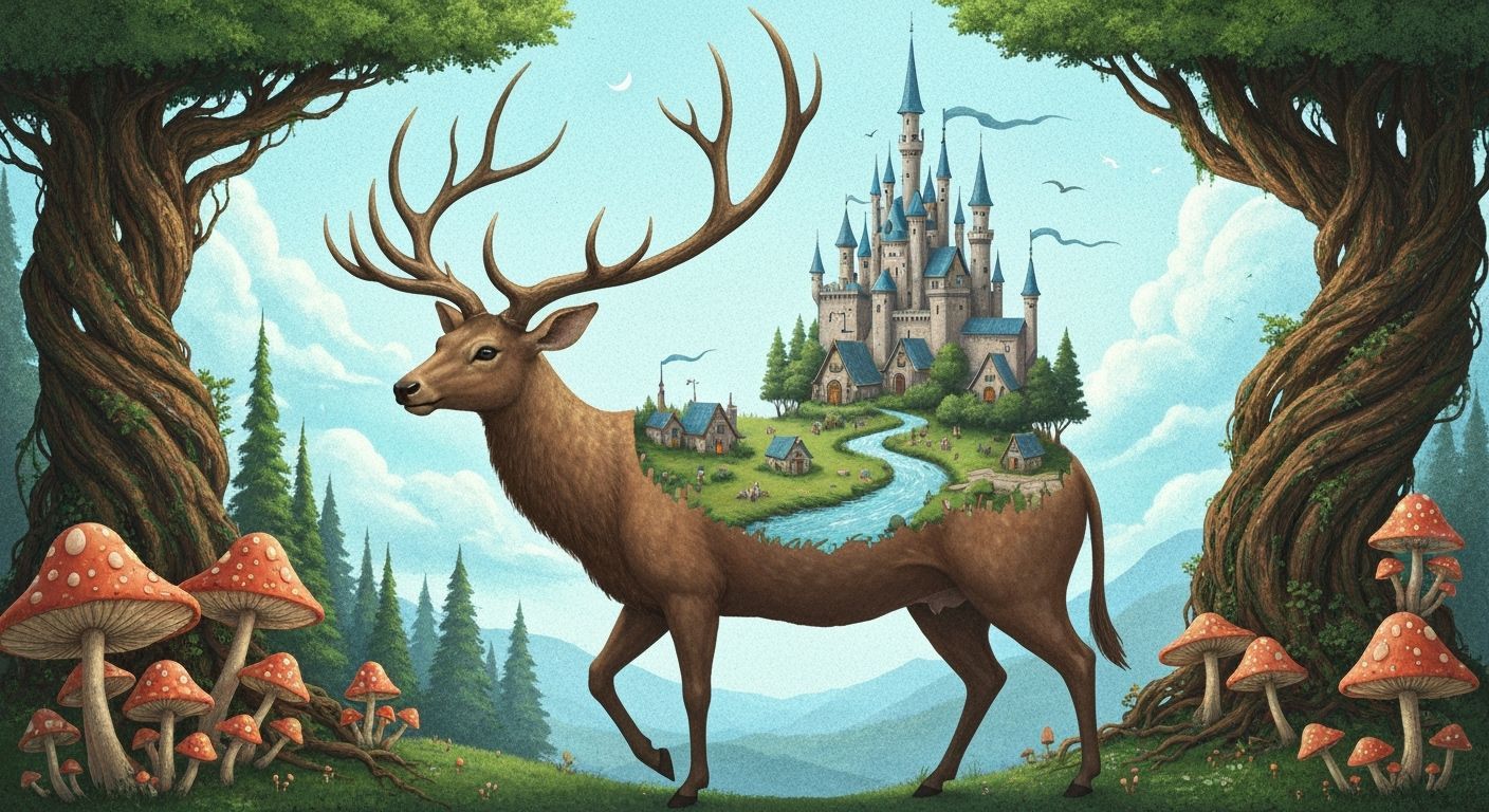 Fantasy Giant Deer with Magical Kingdom on its Back