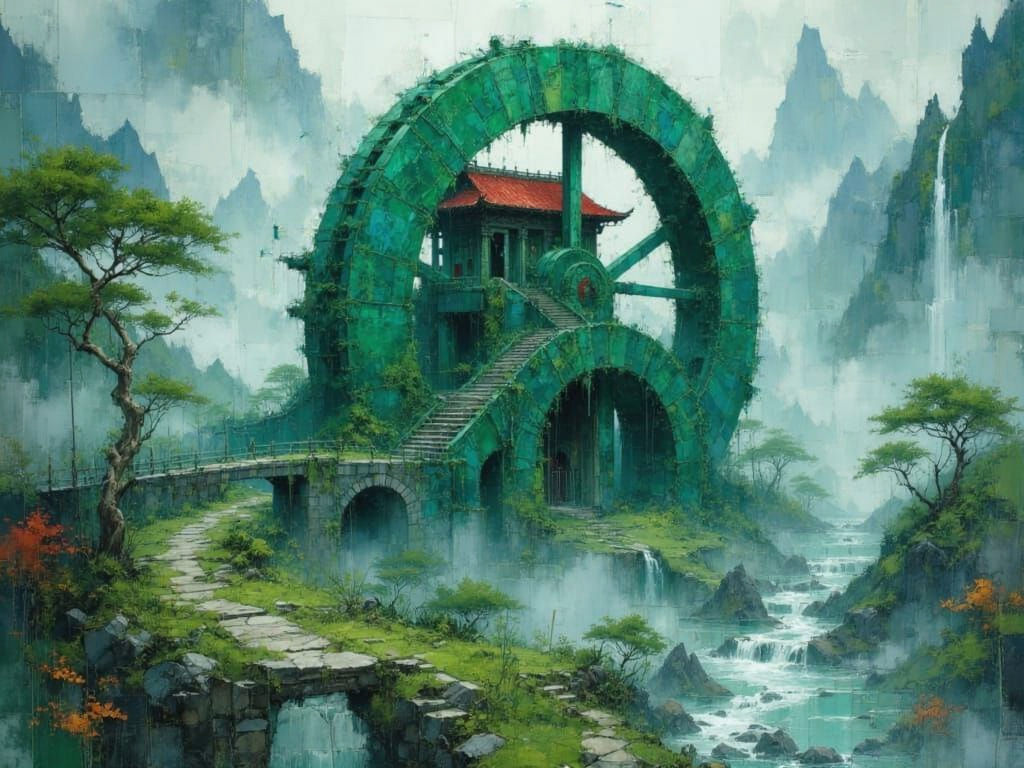 Mystical Jade Waterwheel in Mountain Valley