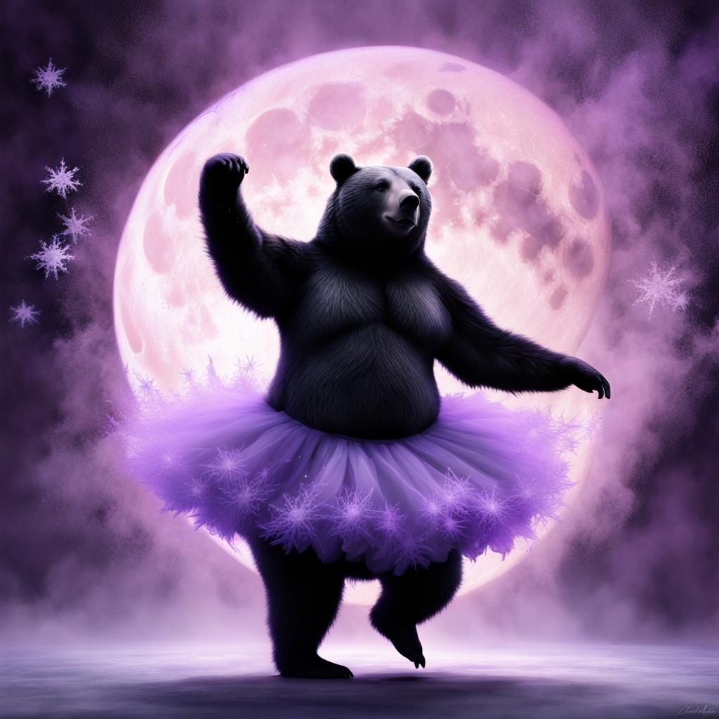 Obese Ballerina Bear Dancing Under Bioluminescent Moon