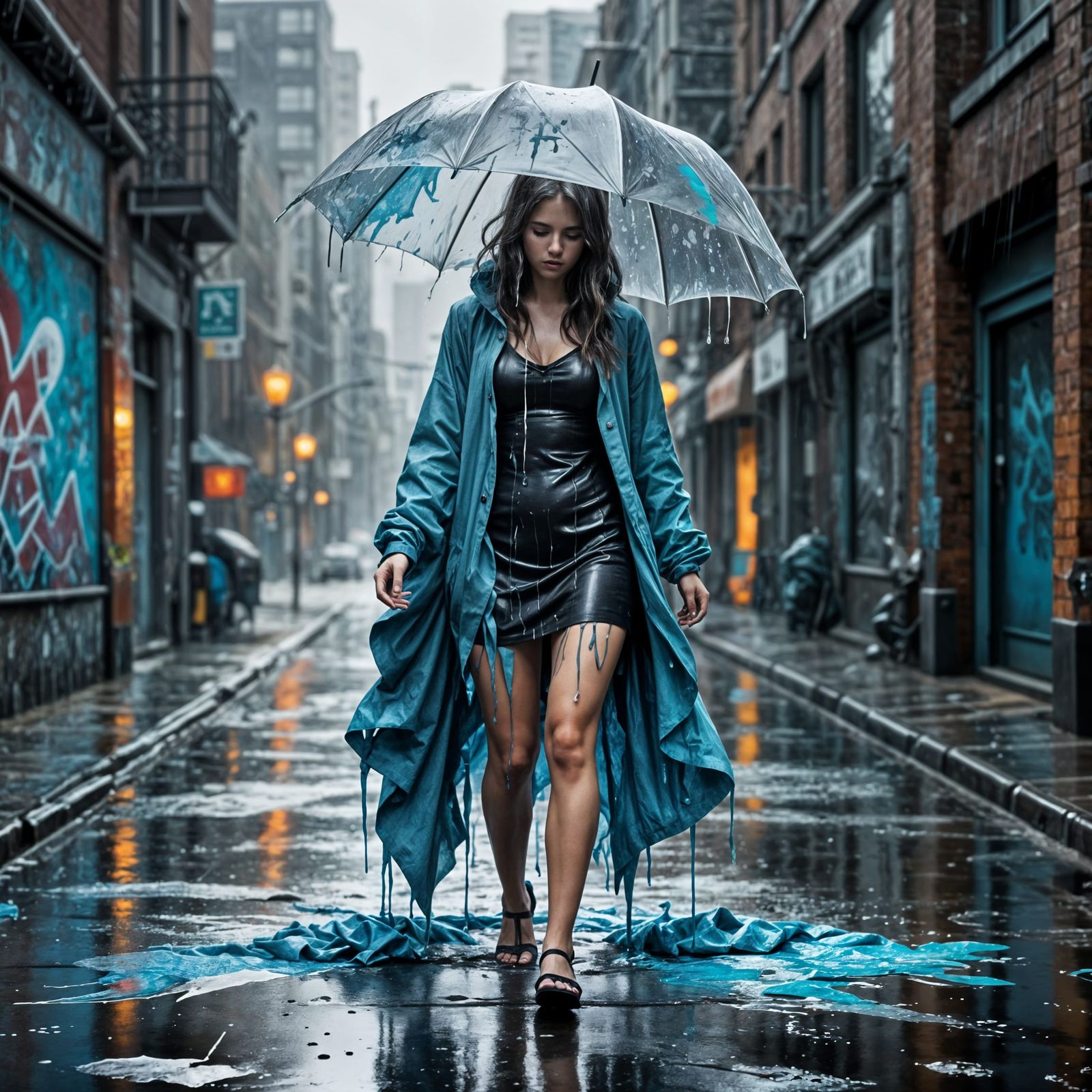 Ethereal Figure in Rain: a Graffiti Art Scene