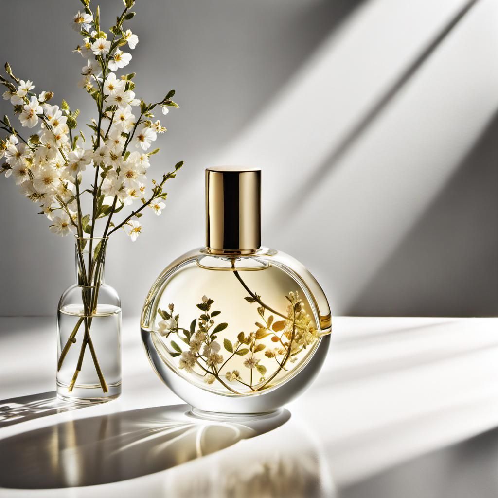 Product photography: perfume bottle with twigs of flowers