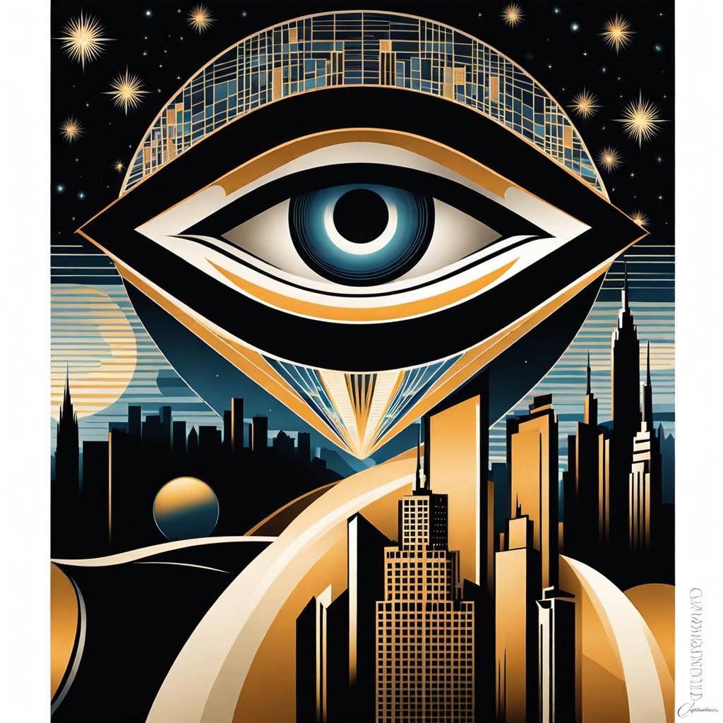 Eye Over Noir City in Art Deco Style