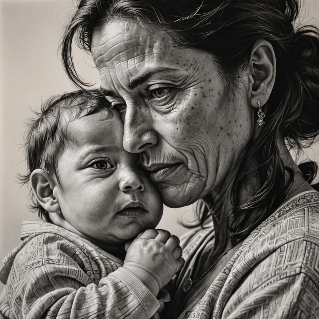 Motherhood (hyper realistic double portrait drawing)