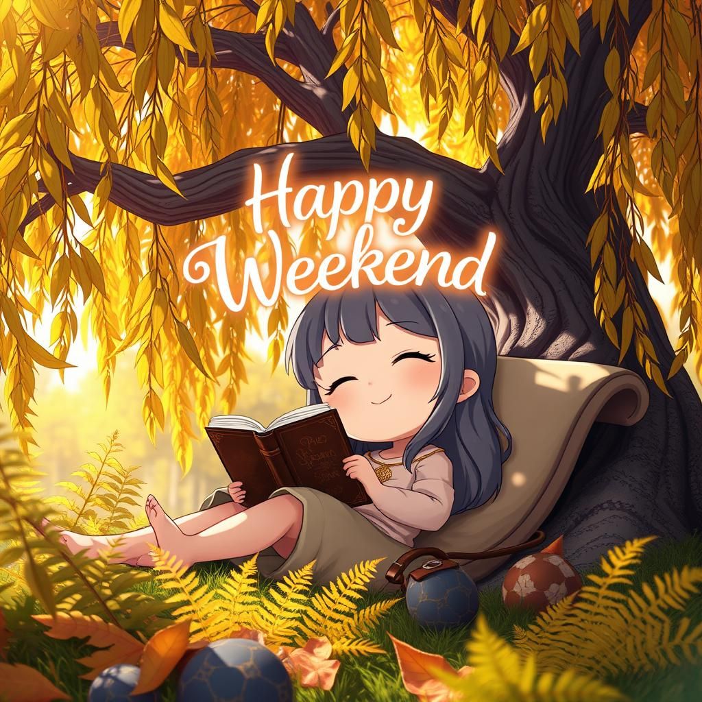 Chibi Girl Reading Under Autumn Willow Tree in CGI