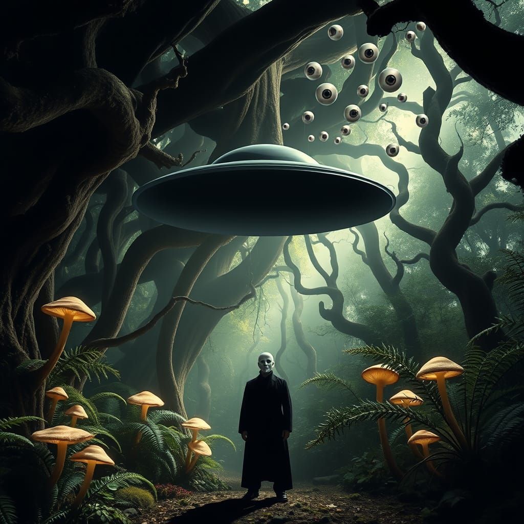 Surreal Man in Black in Dreamlike Forest