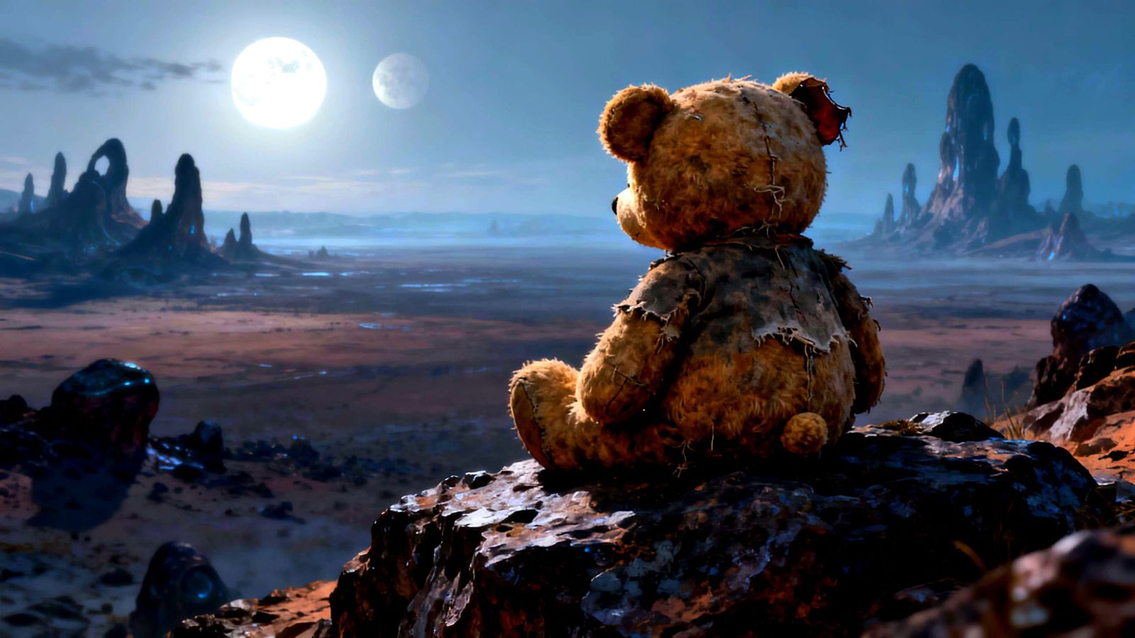 Teddy Bear on Alien World: Twin Moons & Desolate Landscape