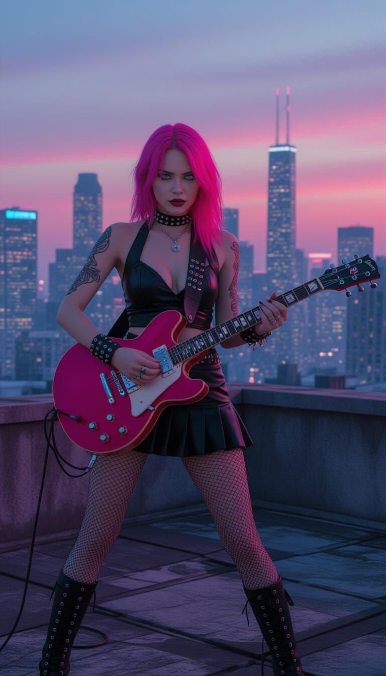 Goth Punk Woman Guitarist in Cyberpunk Cityscape