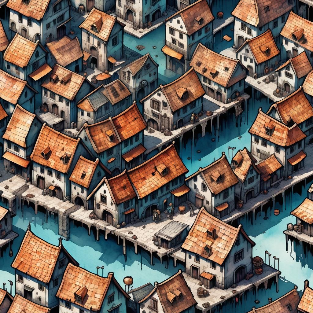 Isometric Watercolor Map of a Grim Fantasy Slum