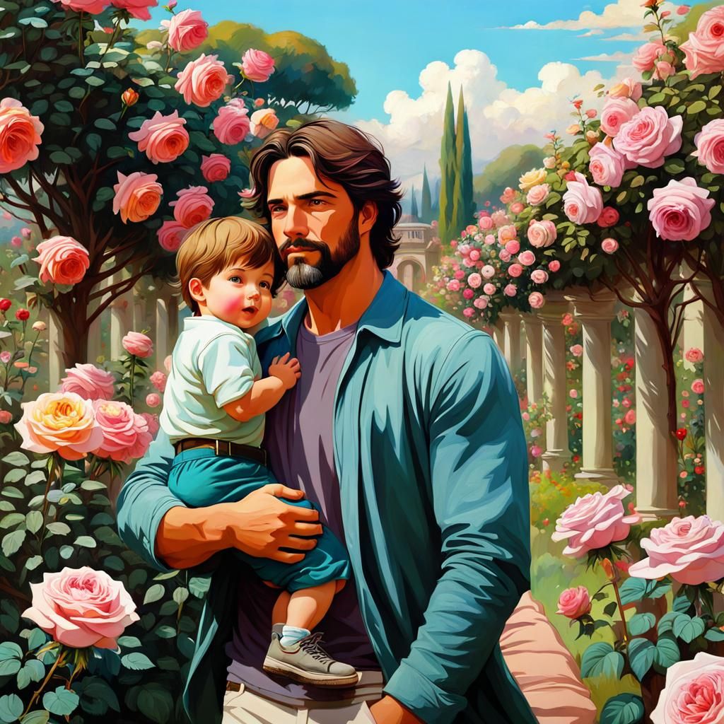 Father and Son in Rose Garden, Anime Style