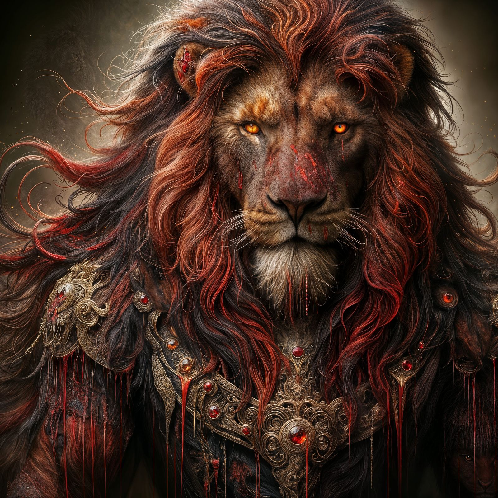 Majestic Lion in Ancient Battledress, Flowing Crimson Mane a...