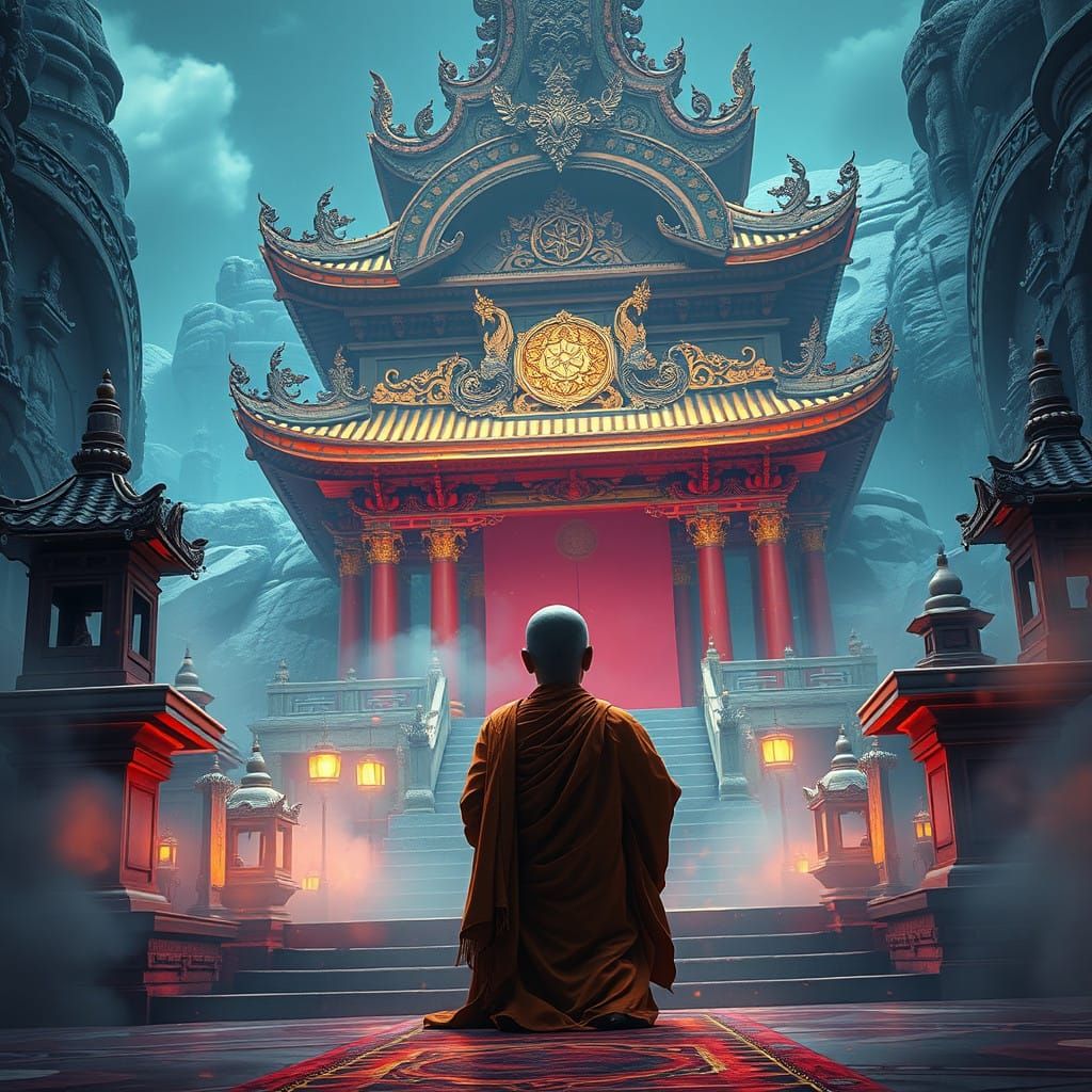 Serenity in the Temple, in Elaborate Matte Painting Style