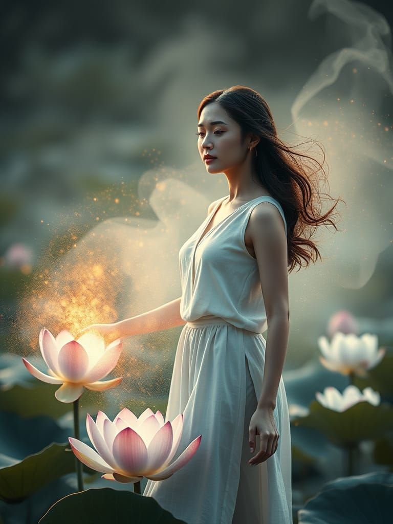 Vietnamese Goddess on a Lotus Lake in Golden Light