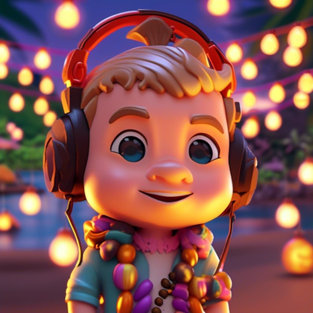 Chibi Character at Beach Party in 3D Cartoon Style